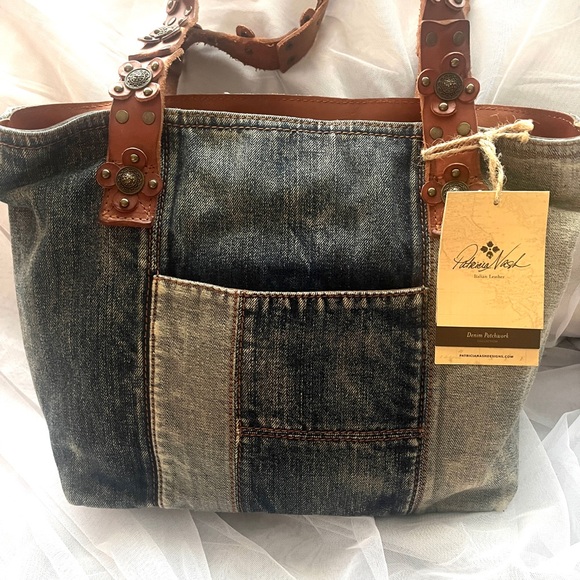 NWT Patricia Nash Denim Patchwork Tote Satchel - Picture 1 of 12